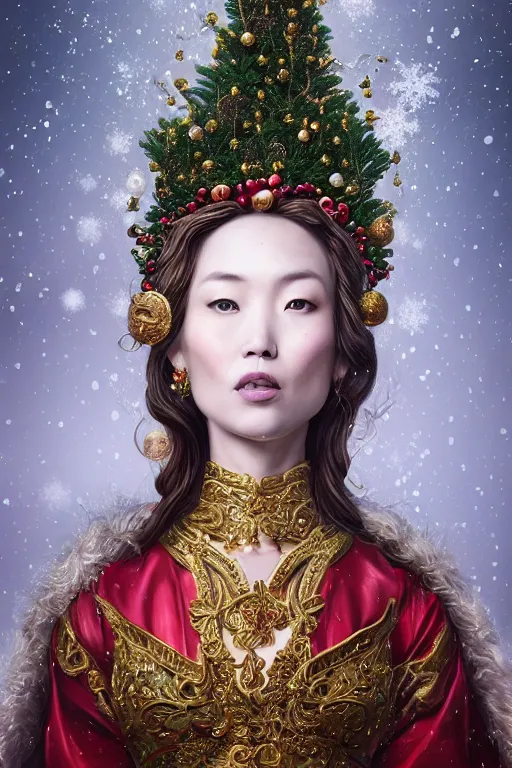 Image similar to a beautiful empress portrait, with a brilliant, impossible striking big Christmas tree headpiece, Santa clothes, everything Christmas, snow, Christmas ornaments, symmetrical, dramatic studio lighting, rococo, baroque, greens, asian, hyperrealism, closeup, D&D, fantasy, intricate, elegant, highly detailed, digital painting, artstation, octane render, 8k, concept art, matte, sharp focus, illustration, art by Artgerm and Greg Rutkowski and Alphonse Mucha