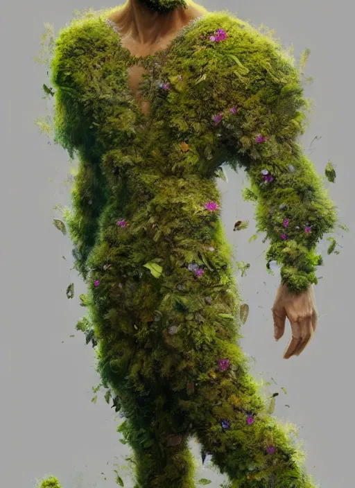 Image similar to a man made of moss and flowers, full body view, beautiful high quality realistic fantasy art, trending on artstation by artgerm and greg rutkowski and alphonse mucha