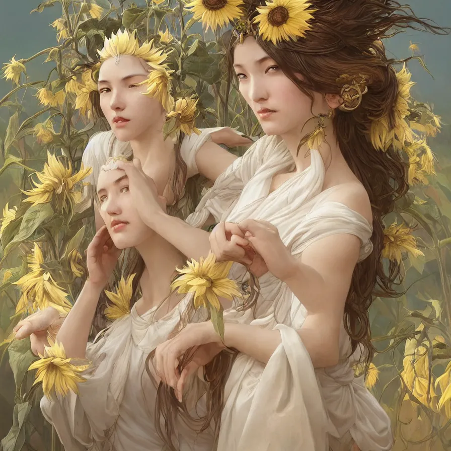 Image similar to portrait of white sunflower goddess with east-asian facial features, highly detailed, digital painting, artstation, concept art, sharp focus, illustration, art by artgerm and greg rutkowski and alphonse mucha