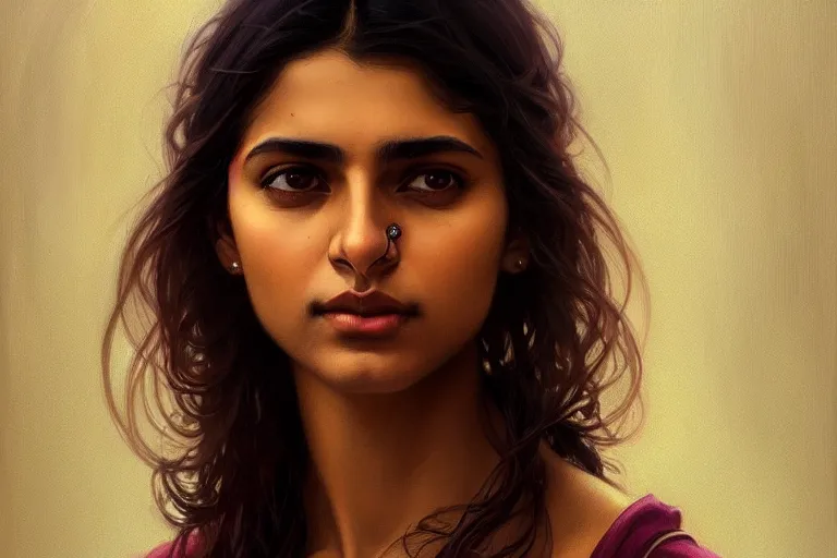 Prompt: Anxious pretty pale young Indian doctor wearing jeans at the airport, portrait, elegant, intricate, digital painting, artstation, concept art, smooth, sharp focus, illustration, art by artgerm and greg rutkowski and alphonse mucha