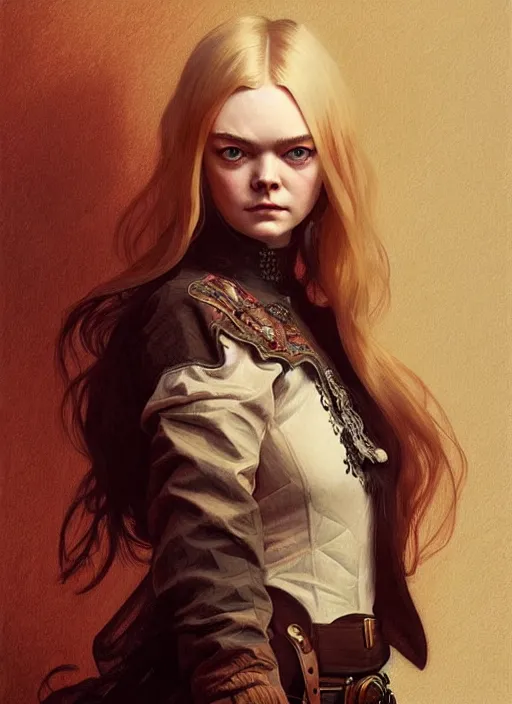 Image similar to symmetry!! portrait of elle fanning as a western outlaw, horror, fashion, dark!! intricate, elegant, highly detailed, digital painting, artstation, concept art, smooth, sharp focus, illustration, art by artgerm and greg rutkowski and alphonse mucha