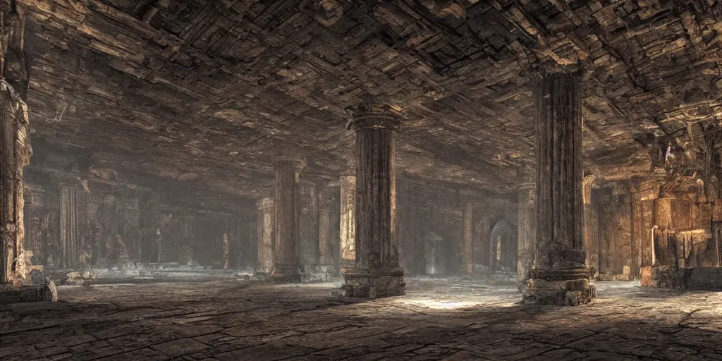 Image similar to ruins of a fantasy dwarven hall interior in an obsidian cavern, very tall columns, wet floors, high ceiling, dark moody lighting, foggy atmosphere, bright colors, matte painting by Dylan Cole and Denis Villeneuve, low angle view, Arnold rendering