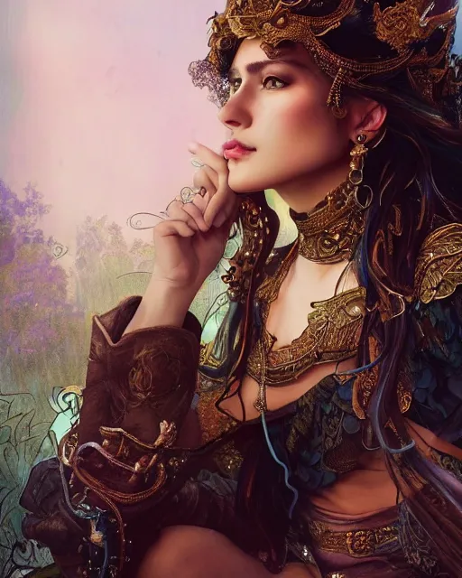 Image similar to a beautiful close up portrait of a enchantress sitting with elegant looks, leather clothing, ornate costume and flowing magic all around, intricate and soft by ruan jia, tom bagshaw, alphonse mucha, krenz cushart, beautiful palace ruins in the background, epic sky, vray render, artstation, deviantart, pinterest, 5 0 0 px models