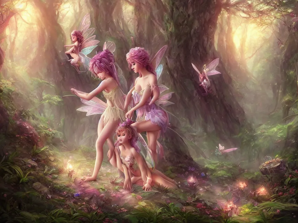 Image similar to two cute fairy in the dreamy forest, fantasy, dreamlike, 8 k resolution, hyper detailed, d & d, character design, digital painting, trending on artstation, sharp focus, illustration, art by artgerm, viktoria gavrilenko, hoang lap, fuji choko, steve zheng