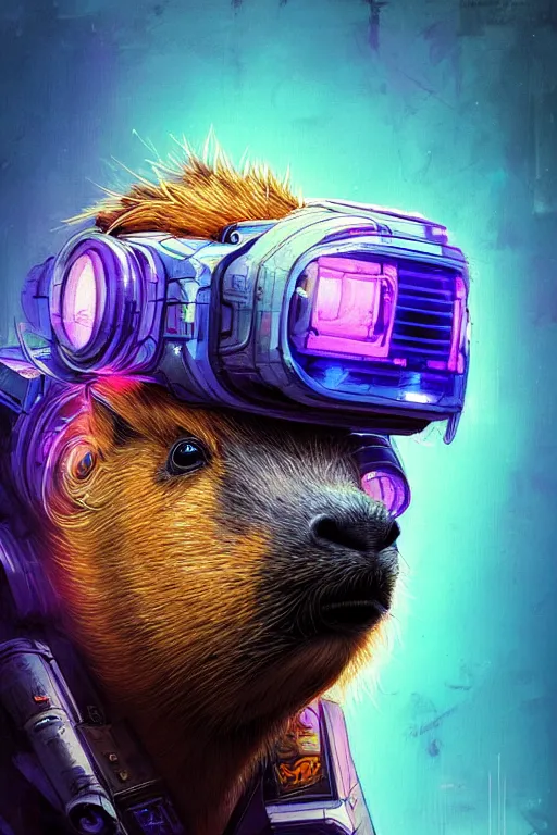 Image similar to a beautiful portrait of a cute cyberpunk capybara by sandra chevrier and greg rutkowski and wlop, purple blue color scheme, high key lighting, volumetric light, digital art, highly detailed, fine detail, intricate, ornate, complex, octane render, unreal engine, photorealistic