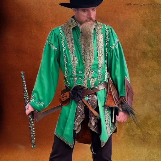 Image similar to western fantasy bard style costume design, green tone