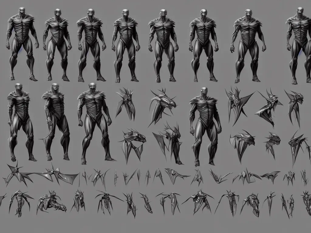 Image similar to game concept art sprite sheet, concept art, muscular, exoskeleton, bat head, turtle skin, hyperrealism, fine detail, artstation, cgsociety, zbrush, no background