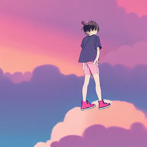 Prompt: a photoshoot for a studio - ghibli themed yzy gap clothing line, 8 k concept art, golden hour, vintage, pink skies, cloudy, dreamy, extremely detailed