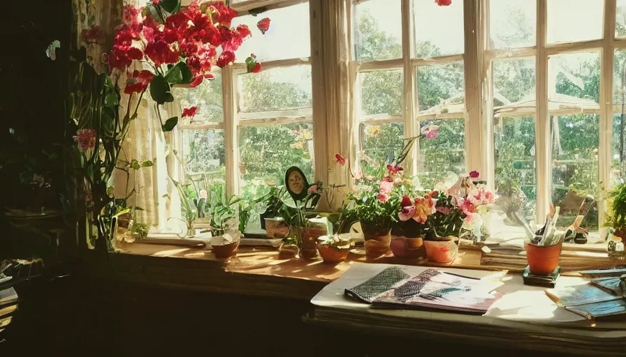 Image similar to 1 9 9 0 s candid 3 5 mm photo of a beautiful day in the a dreamy flowery cottage, cinematic lighting, cinematic look, golden hour, a desk for flower arrangements has sun shinning on it through a window, uhd