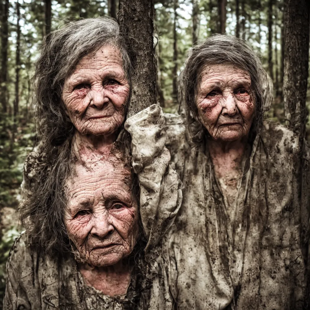 Image similar to close up portrait of an old woman with sinister face and dirty clothes standing outside of an old cabin, forest in the background, bokeh, depth of field, dramatic lighting, cinematic, vivid colors, matte painting, vivid color scheme