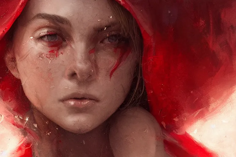 Image similar to red riding hood, wolf, close up, sunlit, paint texture, digital painting, highly detailed, artstation, sharp focus, illustration, concept art, ruan jia, charlie bowater, tom bagshaw, norman rockwell