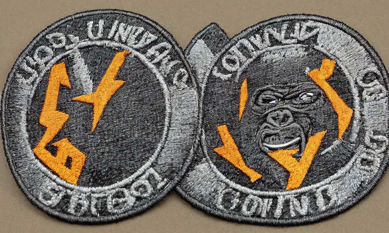 Image similar to a gorilla snapping lighting bolts of n it's hands. round, circular embroidered us radar corps patch 8 k /