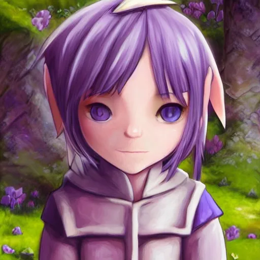 Prompt: little elf boy, purple tunic, white soft hair. light color palate, detailed soft painting, made in abyss art style, anatomically correct