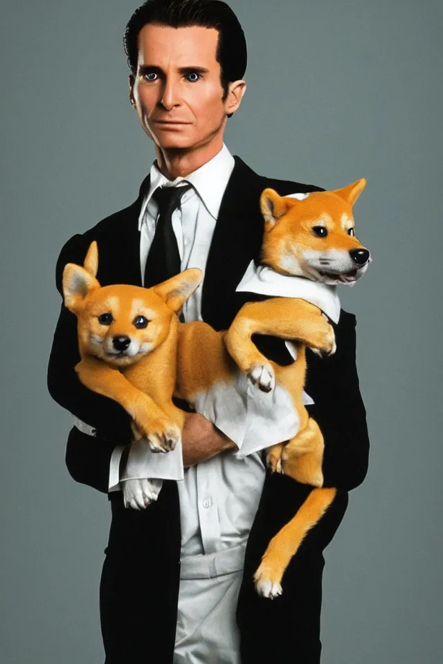 Prompt: a highly detailed portrait of patrick bateman from american psycho holding a shiba inu in his arms, hyperrealistic, highly detailed, 8 k, canon 2 4 mm f / 1. 4 lens,