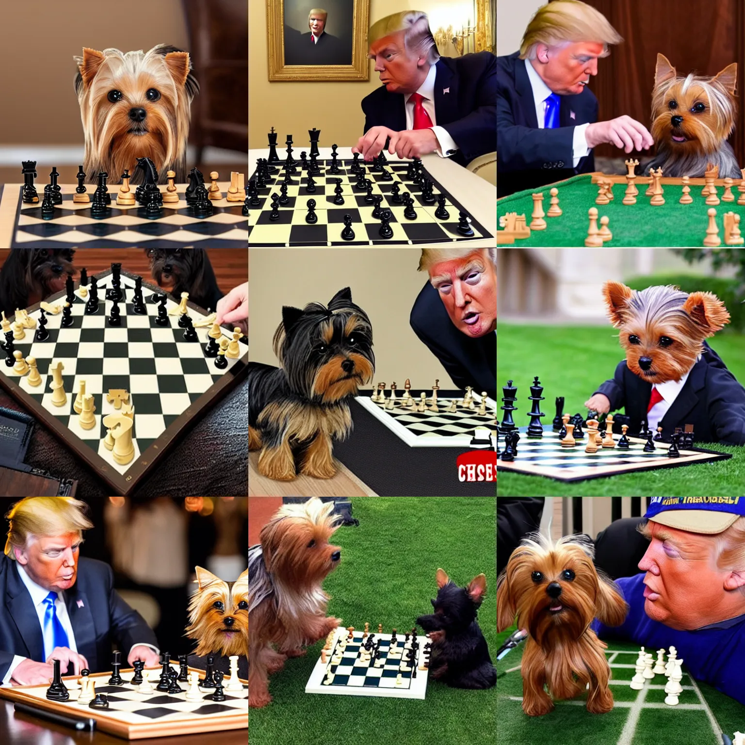 Prompt: yorkie dog playing chess with Donald Trump