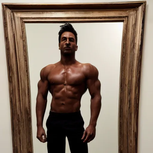 Prompt: a chad posing in front of a mirror, flexing