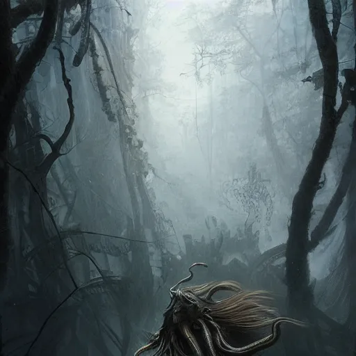 Image similar to epic hyperdetailed portrait of a haunting 🐙🕷 lurking in the shadows. by greg rutkowski, highly detailed portrait, rococo, digital painting, artstation, concept art, smooth, sharp foccus ilustration, artstation hq. intricate, elegant. art by wlop and artgerm and greg rutkowski and alphonse mucha, masterpiece. misty rainforest
