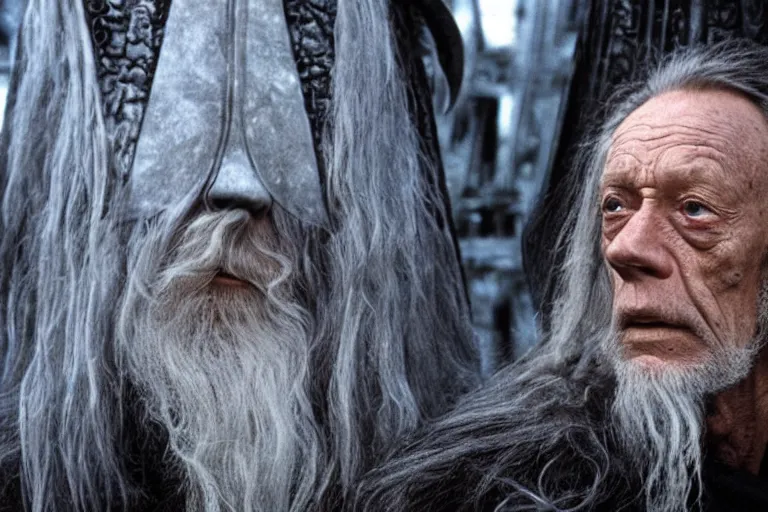 Image similar to lance henriksen as gandalf stood outside orthanc, style of h. r. giger, directed by david fincher, muted tones, detailed lance henriksen facial feature