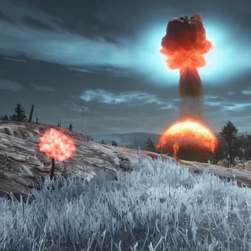 Image similar to nuclear explosion with huge mushroom cloud, rdr 2 screenshot