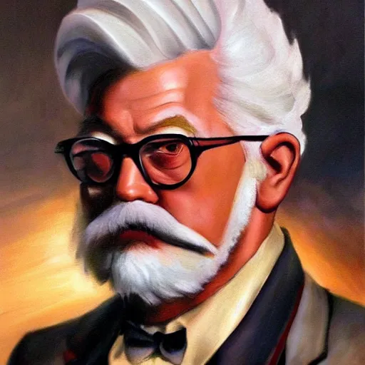 Prompt: an ultra - realistic portrait painting of colonel sanders in the style of frank frazetta. 4 k. ultra - realistic. highly detailed. dark fantasy. epic lighting.