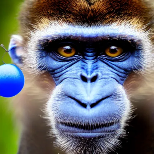 Prompt: a close up of a monkey with a blue ball, a stock photo by paul harvey, shutterstock contest winner, neo - primitivism, creative commons attribution, behance hd, freakshow