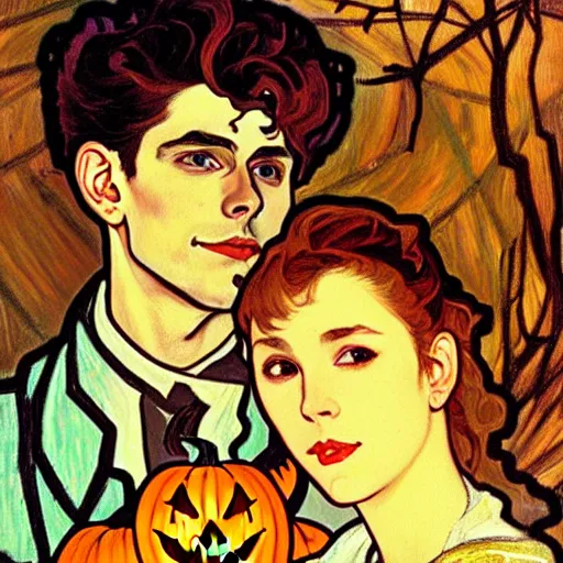 Image similar to painting of handsome young beautiful jeff and gorgeous rina together at the jack o'lantern halloween party, elegant, clear, painting, stylized, art, art by alphonse mucha, vincent van gogh, egon schiele,