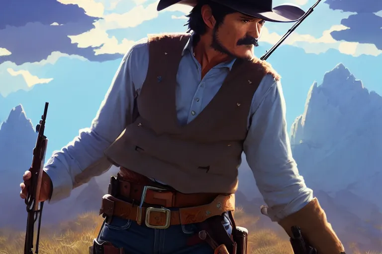 Prompt: old pedro pascal as a cowboy with a beautiful rifle, single subject, mountaineous background, scenic full shot, ambient lighting, detailed face, by makoto shinkai, stanley artgerm lau, wlop, rossdraws