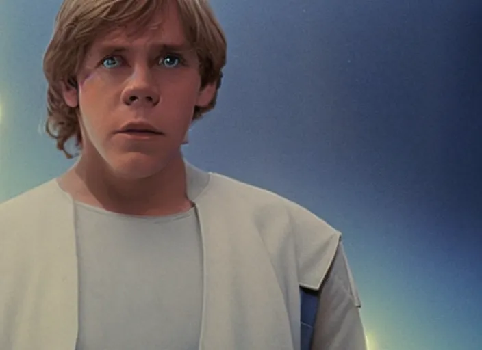 Prompt: screenshot from the lost star wars film, blue transparent hologram of Luke Skywalker, iconic scene from Star Wars, directed by Stanely Kubrick, moody cinematography, with anamorphic lenses, crisp, detailed, 4k