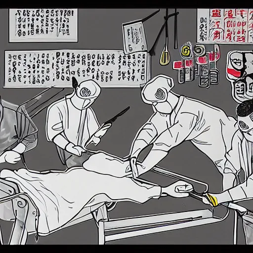 Image similar to chinese surgeons cutting up a body on an operating table, in the style of daniel johnston and outsider art, 8k, line brush, minimal, overlaid with traditional chinese adverts, flat