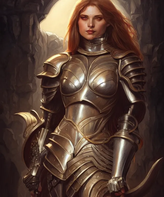 Prompt: Muscular and powerful medieval knight woman portrait full face, sci-fi, amber eyes, face, long hair, fantasy, intricate, elegant, highly detailed, digital painting, artstation, concept art, smooth, sharp focus, illustration, art by artgerm and greg rutkowski and alphonse mucha