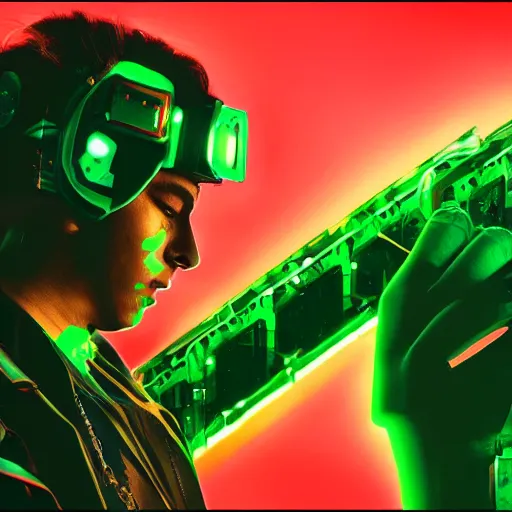 Image similar to cyberpunk super mario super realistic in neon green exoarmour in a cinematic composition