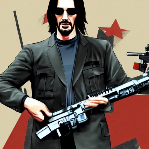 Image similar to Full body portrait of Keanu Reeves holding M-16 machine gun, GTA San Andreas Loading Screen, 4k
