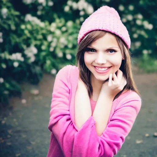 Image similar to Very beautiful girl with pink caret, photography, smiling