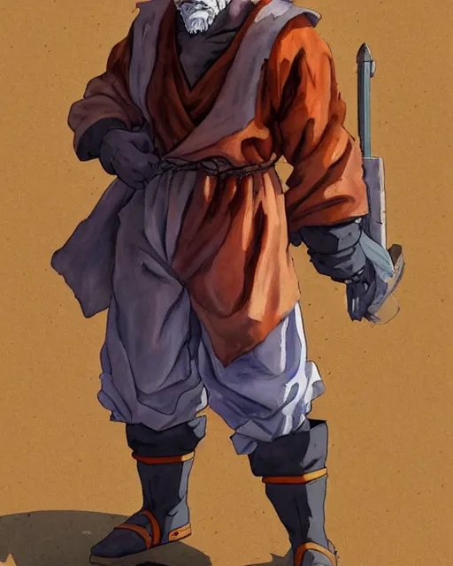 Image similar to a oil / watercolor painting full body character portrait of an old homeless saiyan mercenary in the style of moebius in the style of leonard boyarsky trending on artstation deviantart pinterest detailed photorealistic highlights and shadow hd 8 k post - processing high resolution