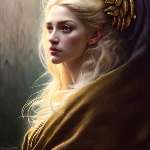 Prompt: portrait painting of a beautiful blonde lady with a kind face wearing a feathered cloak and a fancy dress, ultra realistic, concept art, intricate details, eerie, highly detailed, photorealistic, octane render, 8 k, unreal engine. art by artgerm and greg rutkowski and charlie bowater and magali villeneuve and alphonse mucha