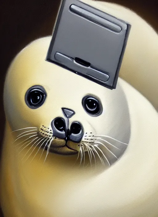 Prompt: highly detailed painting of cute furry white baby seal with an xbox controller by william turner, thick brush strokes and visible paint layers, 4 k resolution