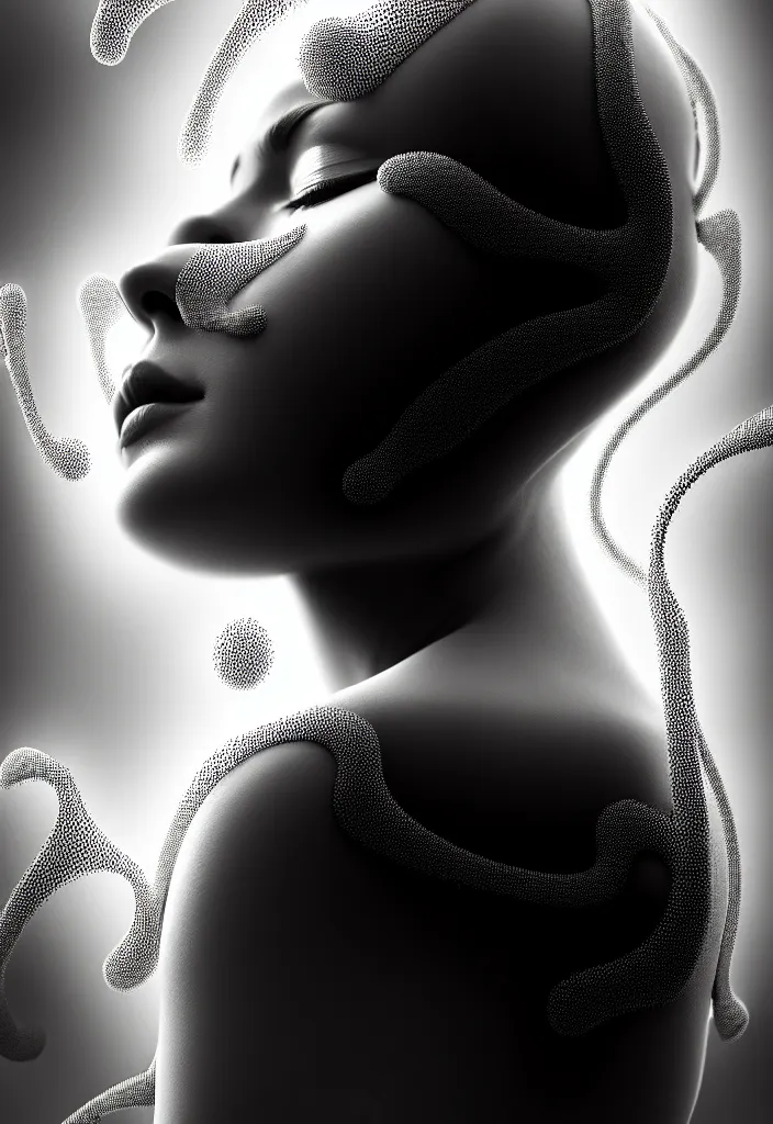 Image similar to one young beautiful woman with eyes closed, with a medical mask. fractal, mandelbulb, speed painting, scribble art, octane render, portrait. black and white. intricate detail, beautiful, moody, cinematic. futurism, Unreal Engine, photorealistic.