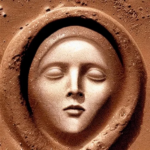 Prompt: virgin mary face image in soil on mars photo