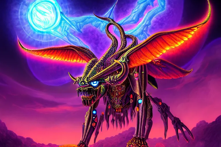 Prompt: epic pose of rebulon the ancient demon, by lisa frank, masterpiece concept art, 8 k, intricate detail, cinematic lighting, epic pose, deep colors, majestic view