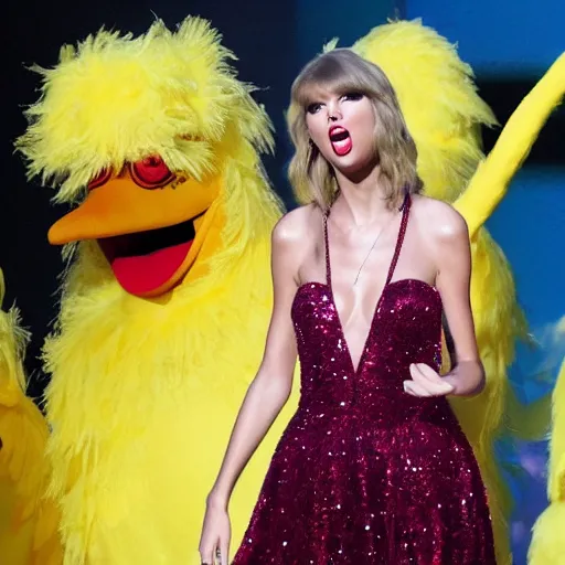 Prompt: Taylor Swift in a Big Bird Costume on stage