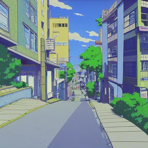 Image similar to city street, sloped street, city on tall hillside, street scene, aquamarine shading panels above street, cel - shading, 2 0 0 1 anime, flcl, jet set radio future, golden hour, japanese town, concentrated buildings, japanese neighborhood, electrical wires, cel - shaded, strong shadows, vivid hues, y 2 k aesthetic