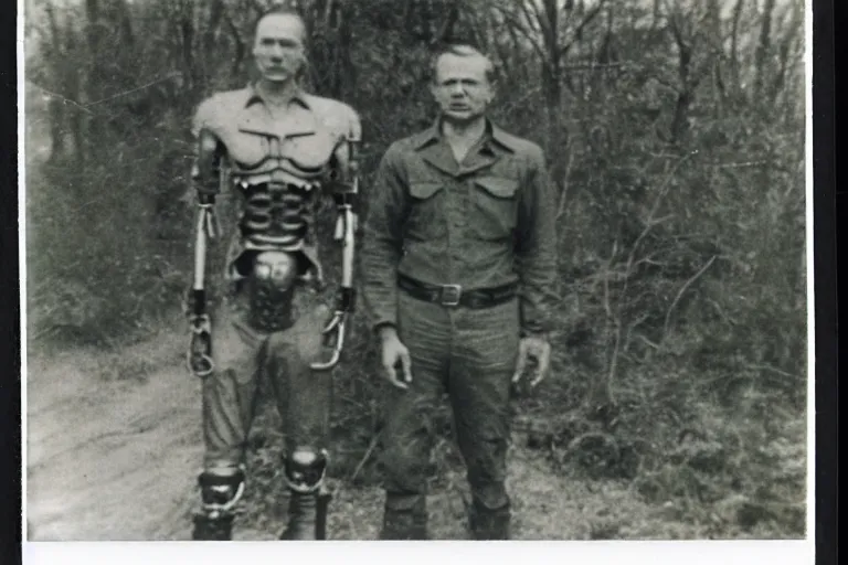 Image similar to dark old polaroid of an german scientist who created a terminator exoskeleton, world war 2