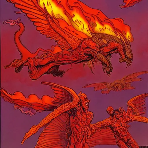 Image similar to vision of hell with winged demons flying over the flames, art by moebius