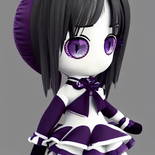 Prompt: cute fumo plush of a gothic maiden in a dark black uniform with purple highlights, laces and ribbons, soft shadow, anime girl, vray, symmetry, white frame