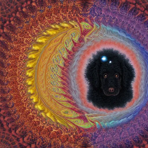 Prompt: a small black labradoodle in space emerging from a fractal portal. award - winning. oil painting. funny. surreal.