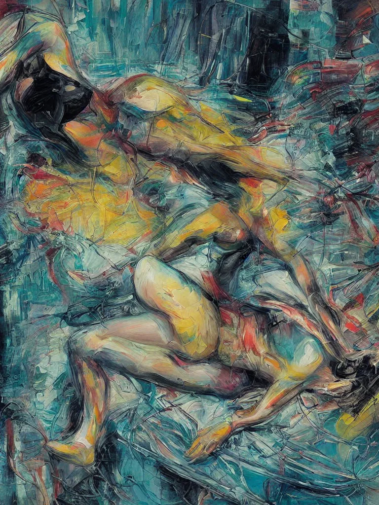 Image similar to beautiful nymph reclining in a futuristic cyberpunk neon city, impasto oil painting, painted by Julie Mehretu