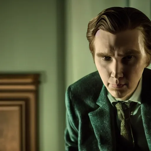 Prompt: film still of Paul Dano as Riddler in The Batman, 4k, dark lighting, film noir, grainy, dark tone