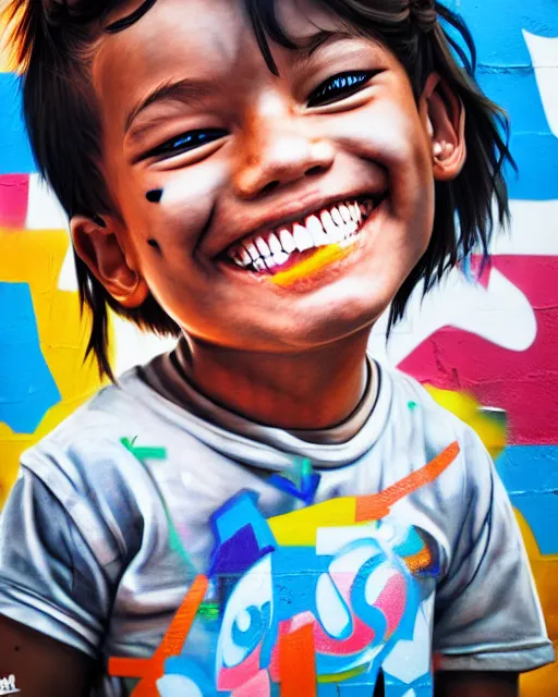 Image similar to graffiti, smiling kid, shards of time, illustration, highly detailed, simple, no jagged lines, smooth, artstation, artwork by obey