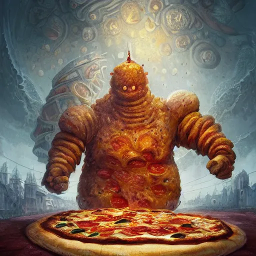 Image similar to ultra realistic illustration of pizza golem, intricate, fantasy italy, elegant, highly detailed, digital painting, artstation, concept art, smooth, sharp focus, illustration, art by tim mcburnie and conar cross and anato finnstark