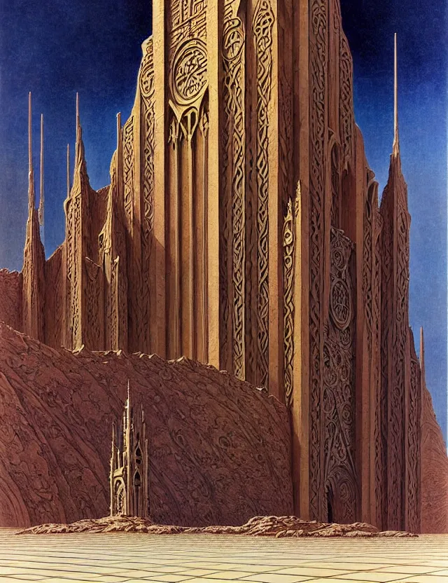 Image similar to giant immense crematorium advanced technology sci - fi architectural structure on desert planet, gothic architecture fantasy, d & d, intricate, painting by lucian freud and mark brooks, bruce pennington